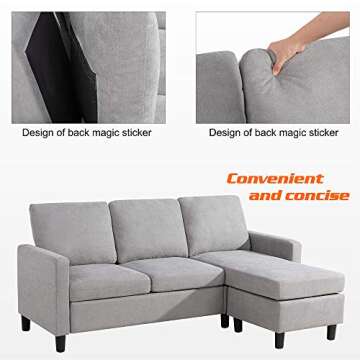 Walsunny Convertible Sectional Sofa for Small Space L-Shaped Couch with Modern Linen Fabric (Light Grey)