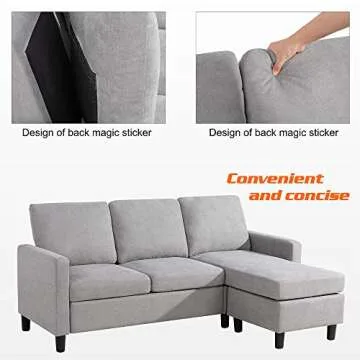 Walsunny Convertible Sectional Sofa for Small Space L-Shaped Couch with Modern Linen Fabric (Light Grey)
