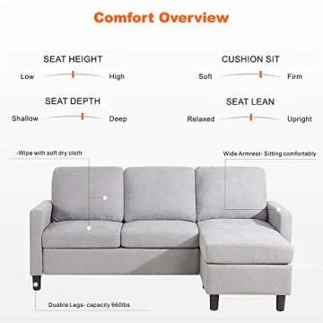 Walsunny Convertible Sectional Sofa for Small Space L-Shaped Couch with Modern Linen Fabric (Light Grey)