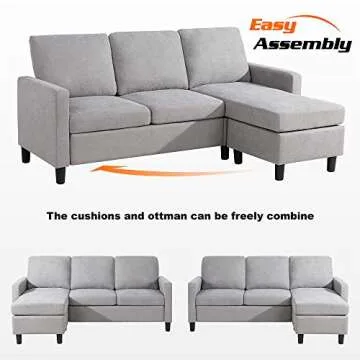 Walsunny Convertible Sectional Sofa for Small Space L-Shaped Couch with Modern Linen Fabric (Light Grey)