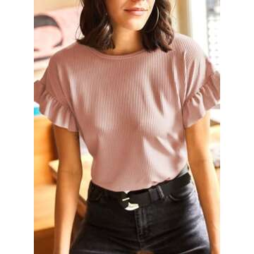EVALESS Womens Blouses Dressy Casual 2025 Trendy Fashion Cute Spring Summer Round Neck Ruffle Short Sleeve Tops Bussiness Plain Knit T Shirts Clothes Pink XX-Large