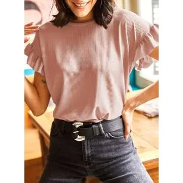 EVALESS Womens Blouses Dressy Casual 2025 Trendy Fashion Cute Spring Summer Round Neck Ruffle Short Sleeve Tops Bussiness Plain Knit T Shirts Clothes Pink XX-Large