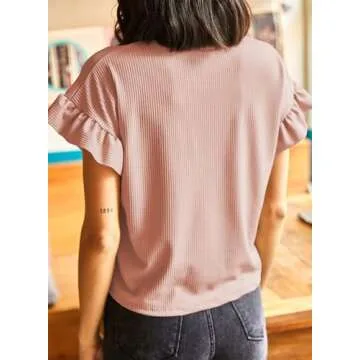 EVALESS Womens Blouses Dressy Casual 2025 Trendy Fashion Cute Spring Summer Round Neck Ruffle Short Sleeve Tops Bussiness Plain Knit T Shirts Clothes Pink XX-Large