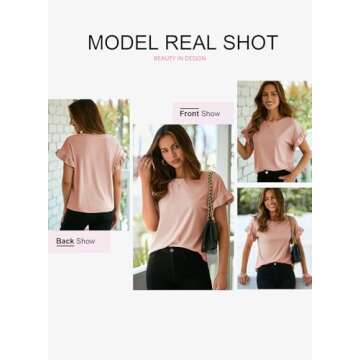 EVALESS Womens Blouses Dressy Casual 2025 Trendy Fashion Cute Spring Summer Round Neck Ruffle Short Sleeve Tops Bussiness Plain Knit T Shirts Clothes Pink XX-Large