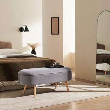 harmati Velvet Storage Bench for Bedroom - Grey End of Bed Bench Ottoman with Storage, Upholstered Bench with Solid Wood Legs for Living Room, Entryway