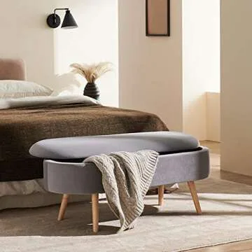 harmati Velvet Storage Bench for Bedroom - Grey End of Bed Bench Ottoman with Storage, Upholstered Bench with Solid Wood Legs for Living Room, Entryway