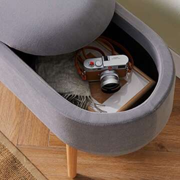 harmati Velvet Storage Bench for Bedroom - Grey End of Bed Bench Ottoman with Storage, Upholstered Bench with Solid Wood Legs for Living Room, Entryway