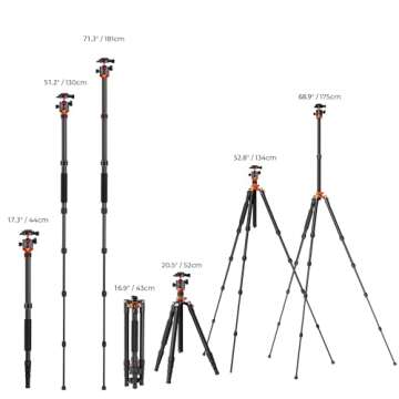 K&F Concept 68 inch /175cm Camera Tripods,Compact Travel Tripod with Monopod,10kg/22lbs Load Capacity 360° Panorama Ball Head Compatible with DSLR Cameras K255A4+BH-28L (TM2515M1)