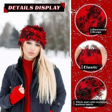 Chuarry Distressed Knitted Beanie Fuzzy Winter Hats Thick Warm Y2k Beanie Snow Knit Cap Skull for Women Men(Assorted Red,Regular Style)