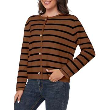 LATAHUO Women's Striped Cardigan Sweater Trendy Long Sleeve Button Down Crewneck Knit Cardigans(Black+Brown, Large)