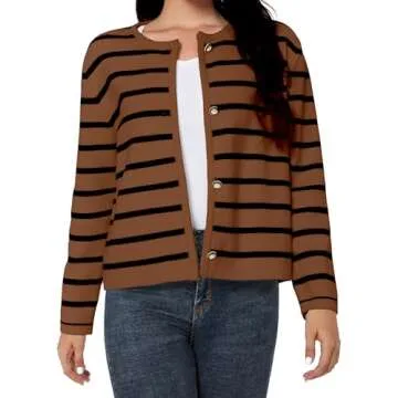 LATAHUO Women's Striped Cardigan Sweater Trendy Long Sleeve Button Down Crewneck Knit Cardigans(Black+Brown, Large)