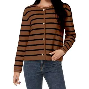 LATAHUO Women's Striped Cardigan Sweater Trendy Long Sleeve Button Down Crewneck Knit Cardigans(Black+Brown, Large)