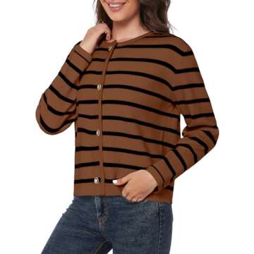 LATAHUO Women's Striped Cardigan Sweater Trendy Long Sleeve Button Down Crewneck Knit Cardigans(Black+Brown, Large)