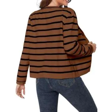 LATAHUO Women's Striped Cardigan Sweater Trendy Long Sleeve Button Down Crewneck Knit Cardigans(Black+Brown, Large)