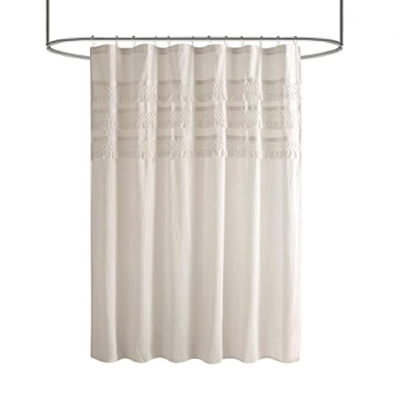 Madison Park Amaya 100% Cotton Shower Curtain, Seersucker Netted Tassel Trim Accent Soft Shabby Chic...