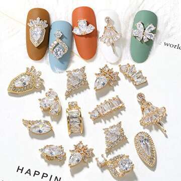 HNUIX Nail Charms and Gems - Gold Copper Zircon, Multiple Shapes 3D Dangle, Metal Jewelry Rhinestones Charms, 21 Pieces