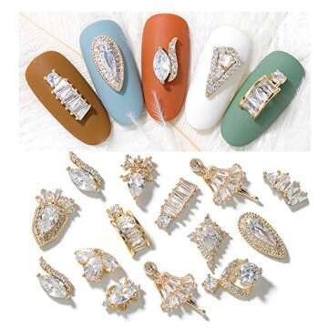 HNUIX Nail Charms and Gems - Gold Copper Zircon, Multiple Shapes 3D Dangle, Metal Jewelry Rhinestones Charms, 21 Pieces