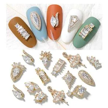 HNUIX Nail Charms and Gems - Gold Copper Zircon, Multiple Shapes 3D Dangle, Metal Jewelry Rhinestones Charms, 21 Pieces