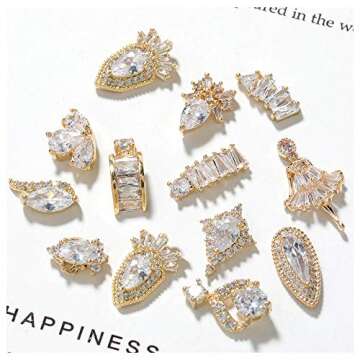 HNUIX Nail Charms and Gems - Gold Copper Zircon, Multiple Shapes 3D Dangle, Metal Jewelry Rhinestones Charms, 21 Pieces