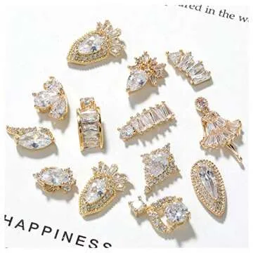HNUIX Nail Charms and Gems - Gold Copper Zircon, Multiple Shapes 3D Dangle, Metal Jewelry Rhinestones Charms, 21 Pieces