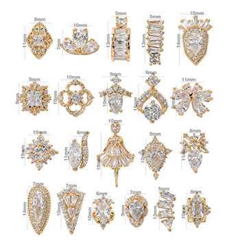 HNUIX Nail Charms and Gems - Gold Copper Zircon, Multiple Shapes 3D Dangle, Metal Jewelry Rhinestones Charms, 21 Pieces