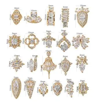 HNUIX Nail Charms and Gems - Gold Copper Zircon, Multiple Shapes 3D Dangle, Metal Jewelry Rhinestones Charms, 21 Pieces