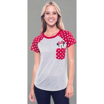Disney Junior Fashion Contrast Shoulder Top Minnie Pocket, Gray with Red (Large, Grey)