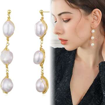 Long Pearl Drop Dangle Earring - Baroque Pearl Earrings with 14k Gold Plated - Statement Dainty Jewelry Gifts for Women