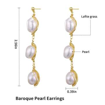 Long Pearl Drop Dangle Earring - Baroque Pearl Earrings with 14k Gold Plated - Statement Dainty Jewelry Gifts for Women