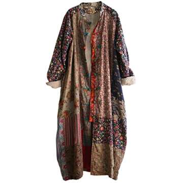 LZJN Women's Trench Coat Floral Print Long Cotton Linen Jacke Cottagecore Clothing Patchwork Outwear Bohemian unique