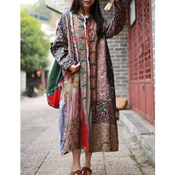 LZJN Women's Trench Coat Floral Print Long Cotton Linen Jacke Cottagecore Clothing Patchwork Outwear Bohemian unique