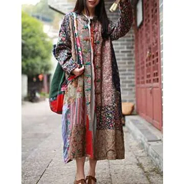 LZJN Women's Trench Coat Floral Print Long Cotton Linen Jacke Cottagecore Clothing Patchwork Outwear Bohemian unique