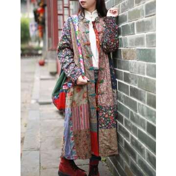 LZJN Women's Trench Coat Floral Print Long Cotton Linen Jacke Cottagecore Clothing Patchwork Outwear Bohemian unique