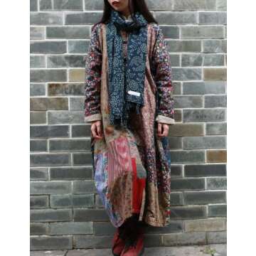 LZJN Women's Trench Coat Floral Print Long Cotton Linen Jacke Cottagecore Clothing Patchwork Outwear Bohemian unique