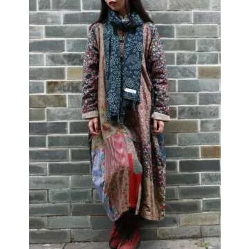 LZJN Women's Trench Coat Floral Print Long Cotton Linen Jacke Cottagecore Clothing Patchwork Outwear Bohemian unique