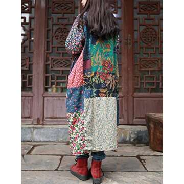 LZJN Women's Trench Coat Floral Print Long Cotton Linen Jacke Cottagecore Clothing Patchwork Outwear Bohemian unique