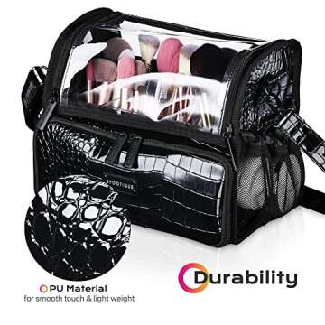 BYOOTIQUE Makeup Brush Case Portable Artist Brush Holder Stand-Up Travel Cosmetic Organizer Bag Large Professional Artist Storage Bag with Adjustable Dividers Shoulder Strap & Wrapped Ribbon (Black)