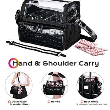 BYOOTIQUE Makeup Brush Case Portable Artist Brush Holder Stand-Up Travel Cosmetic Organizer Bag Large Professional Artist Storage Bag with Adjustable Dividers Shoulder Strap & Wrapped Ribbon (Black)