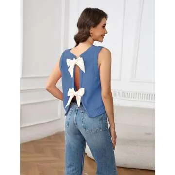 Lianlive Sweater Vest Top for Women Casual Crop Knit Cardigan Vest Bow Tie Back Knit Tank Tops (Blue-Small)