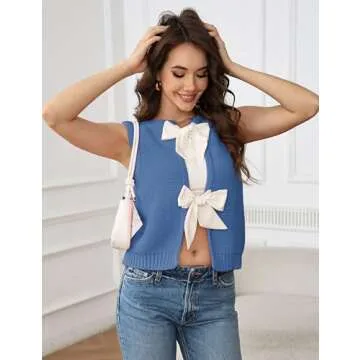 Lianlive Sweater Vest Top for Women Casual Crop Knit Cardigan Vest Bow Tie Back Knit Tank Tops (Blue-Small)