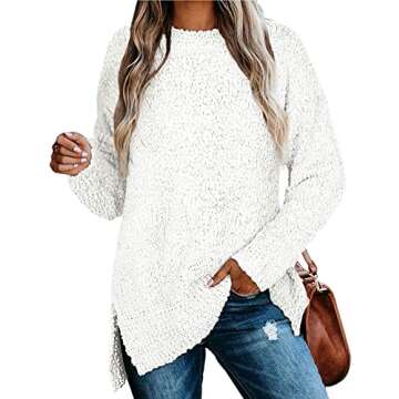 OURS Womens Fuzzy Knitted Pullover Sweater Tops Sherpa Fleece Long Sleeve Side Slit Jumper Tops White M