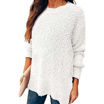 OURS Womens Fuzzy Knitted Pullover Sweater Tops Sherpa Fleece Long Sleeve Side Slit Jumper Tops White M