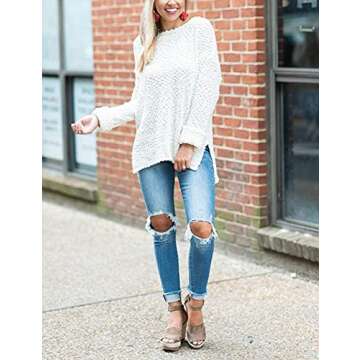 OURS Womens Fuzzy Knitted Pullover Sweater Tops Sherpa Fleece Long Sleeve Side Slit Jumper Tops White M