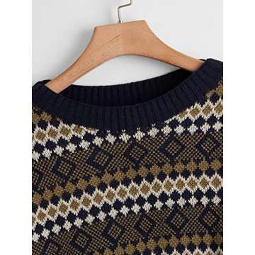 MakeMeChic Women's Plus Size Argyle Print Long Sleeve Vintage Pullover Sweater