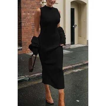 PRETTYGARDEN Womens Fall 2 Piece Outfits Bodycon Maxi Tank Pullover Sweater Dress And Long Sleeve Cropped Cardigan Knit Sets (Black,Large)