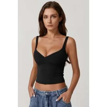 QINSEN Womens V Neck T-Shirts Going Out Tank Tops Sleeveless Slim Fit Y2K Cami Shirt Black S