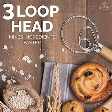 Zulay Kitchen 13-Inch Danish Dough Whisk - Wooden Danish Whisk for Dough with Stainless Steel Dough Hook - Traditional Dutch Whisk - Bread Whisk for Sourdough, Pizza, Pastry, Cake Batter