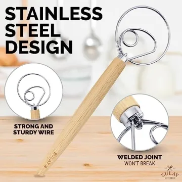 Zulay Kitchen 13-Inch Danish Dough Whisk - Wooden Danish Whisk for Dough with Stainless Steel Dough Hook - Traditional Dutch Whisk - Bread Whisk for Sourdough, Pizza, Pastry, Cake Batter