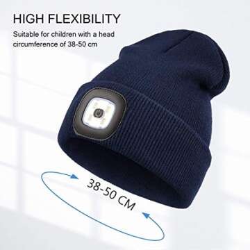 YunTuo Beanie with The Light for Kids, Unisex USB Rechargeable Headlamp Hat Winter Knitted Night Lighted Cap Flashlight, Gifts for Kids Boys Girls (Navy Blue)