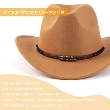 EOGIMI Western Cowboy Hats for Women Men Felt Wide Brim Panama Hat with Belt Buckle Bead Band-Camel